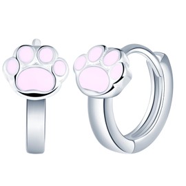 Yumilok Womens Girls 925 Sterling Silver Creative Hoops Earrings Diameter 1cm Cute Pink Cat's Paw Creole Earrings