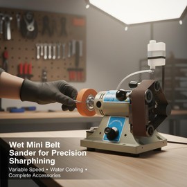 110V Wet Mini Belt Sander, 2.5A Variable Speed 0–10,000 RPM, 30×330mm (1.18×13 Inch) Belt Grinder with Water Drip Cooling, Bench Tool for Knife Sharpening, Metal Grinding Wood Sanding
