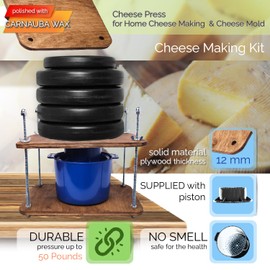 Wooden Cheese Press for Cheese Making Supplies 12in Plywood 1/2in Thick Metal Guides and Cheese Mold with Follower Piston 1/2 Gal - Home Supply Ultimate Cheese Press Machine - Prensa Para Queso Casero