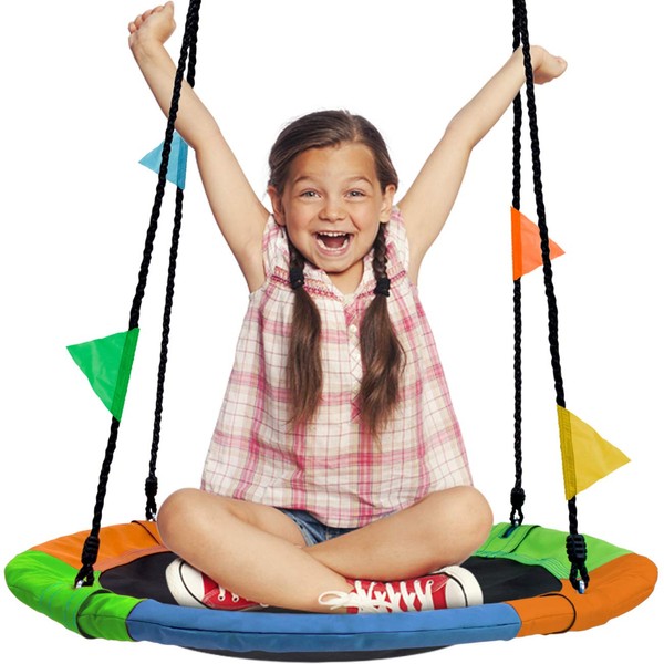 Sorbus Saucer Tree Swing in Multi-Color Rainbow – Kids Indoor/Outdoor Round Mat Swing – Great for Tree, Swing Set, Backyard, Playground, Playroom – Accessories Included (Round – 24”)