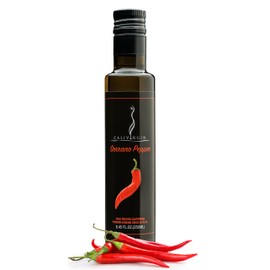 Calivirgin Serrano Pepper Olive Oil - Spicy Infused Extra Virgin Olive Oil - Cold Pressed Olive Oil - Spicy Flavored Olive Oil - No Preservatives - Gourmet Olive Oil - Organically Grown Olives - 250ml