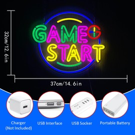 UExnkj-Y Game Start Neon Sign LED Game Neon Sign 14.5"x12.6" USB Led Sign Led Colorful Neon Light Up Signs for Bedroom Game Room Gaming Wall Party Gifts