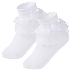 Haakong 2 Pairs Girls Dress Socks White Toddler Girls Ruffle Socks with Faux Pearl for Dress Daily Wear(US, Age, 4 Years, 6 Years, 2, White)