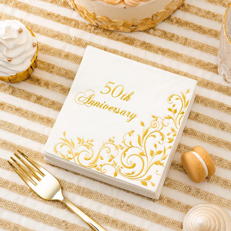 Crisky Gold Foil 50th Anniversary Cocktail Napkins for Golden Wedding