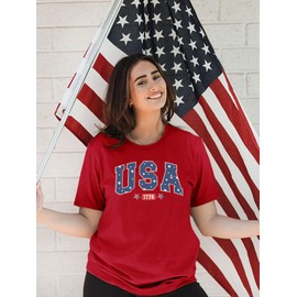 OCURHU USA Shirts for Women USA Flag Stars Stripes Graphic Tshirt Independence Day Patriotic Tee Tops Red S