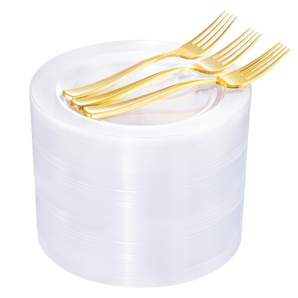 bUCLA 200PCS Clear Plastic Plates and Gold Plastic Forks-7.5inch Disposable Salad/Dessert Plates- Premium Hard Plastic Appetizer Plates for Weddings& Parties