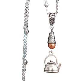Three Dimenional Teapot Handmade Necklace On Sterling Silver Chain Orange Accent