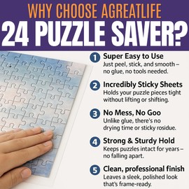 AGREATLIFE 24 Adhesive Puzzle Saver Sheets - Preserve 4 x 1000 Pieces Jigsaw Puzzles - No Stress No Mess - Puzzle Glue Sheets Peel and Stick (24 Sheets with 8 Adhesive Hangers)