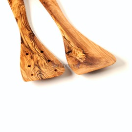 Olive Wood 12" Spatual Set of 2, Wooden Kitchen Tools, Handcarved Utensils Set Including: Wooden Pierced Sptula, Wooden Spatula