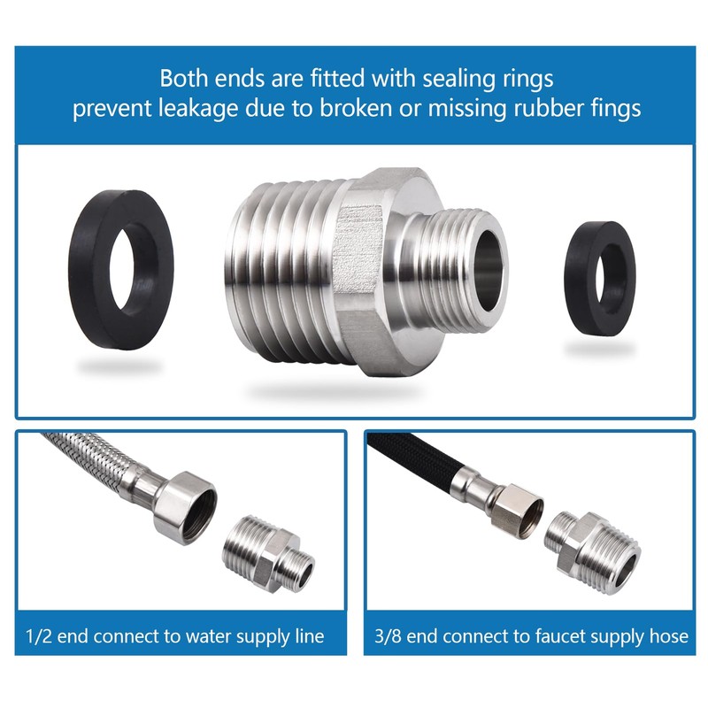 1/2 to 3/8 Water Line Adapter, 304 Stainless Steel Compression