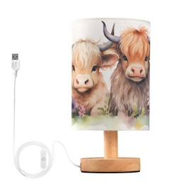 Oarencol Bedside Table Lamp Cute Highland Cows Flower Nightstand Lamp with Wood Desk Lamps for Bedroom Living Room Nursery Office Home Decor