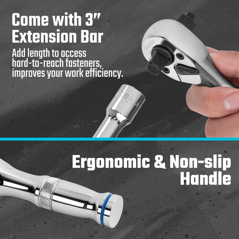 DURATECH Stubby Ratchet Set, 3-IN-1 Ratchet Handle, with 2 Extension