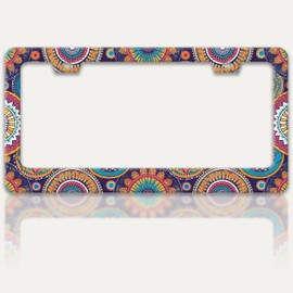 Mandala Flowers License Plate Frame Floral Print License Plate Holders Funny Stainless Steel Auto Accessory Bracket 2 Hole with Screws Universal Us Car License Plate Frames 6x12 Inch for Women Men