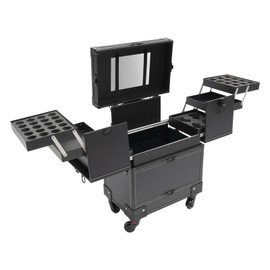 Cbhfmljd Rolling Makeup Train Case, Beauty Salon Trolley Cosmetic Organizer Box w/Mirror Cosmetology Case on Wheels with 2 Keys 110.23lbs Capacity for Professional Make-Up Artists, Hairdressers