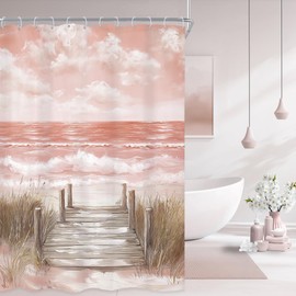 Riyidecor Beach Shower Curtain 54Wx78H Inch Extra Long Beachy Pink Summer Ocean Coastal Hawaii Oil Painting Sky Modern Bathroom Decor Fabric Polyester Waterproof 12 Pack Hooks