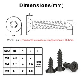 Drenky Pack of 50 M5 x 30 Torx Screws Black 304 Stainless Steel Sheet Metal Screws Flat Head Screws DIY Woodworking Stainless Steel 304 Full Thread Woodworking Fixing