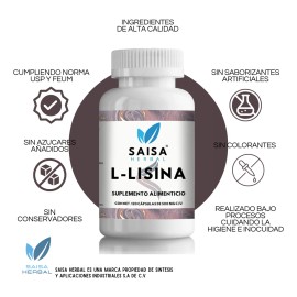 L-Lisina | 100% Pura 120 Cáps | SAISA HERBAL | Lisina | Suplemento Alimenticio | Apoyo Muscular, Síntesis de Proteínas y Sistema Inmune