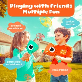 Gofimyee Outdoor Toys for Kids Flying Disc Toy Outside Catching Games for Boys and Girls Ages 3 4 5 6 7 8 Year Old (2 Launchers & 24 Discs)