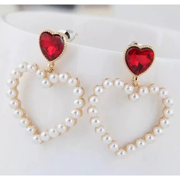 Unbranded Rhinestone Red Heart Pearl Hollow Dangle Earrings -1 pair
