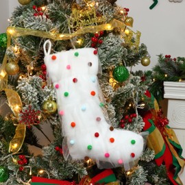 Hopearl Pom Pom Pleated Christmas Stocking Ruffle Lace Boho Style Sock Ultra Soft Dreamy Holder Ornament Luxury Gifts Bags for Family Xmas Tree Party Supplies, Cream, 18''