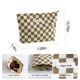 Wudygirl Checkered Makeup Bag Large Capacity Makeup Pouch Travel Cosmetic Pouch for Women Canvas Toiletry Bag Zipper Handbag Aesthetic (Khaki Checkered)