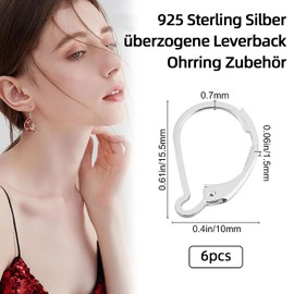 925 Sterling Silver Lever Back, Pack of 6 Ear Hooks, French Earring Hooks, Silver, 15.6 x 9.5 mm for Earrings Jewellery Making, DIY Jewellery Making