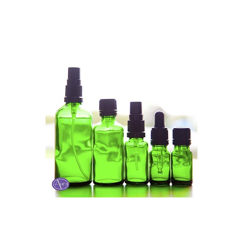 Aura 10ml GREEN Glass Bottles with Black T/E Caps &