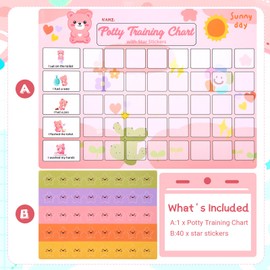 Potty Training Reward Chart for Toddlers with 40 Large Reusable EVA Foam Stars, Ideal for Home and Preschool (Pink Bear)