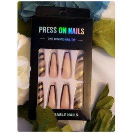 24pcs Press On Long Coffin Shaped Date Night Black And Gold Classy Style Reusable Acrylic Fake Nails For Women