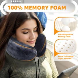 Jcxuot Neck Pillow for Traveling, Travel Pillows for Sleeping Airplanes,Memory Foam Travel Neck Pillow, Adjustable Flight Pillow, Accessories with Storage Box (Grey)