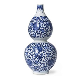 Dahlia Ancient Lucky Lotus Motif Blue and White Porcelain Flower Vase, 12 Inches, Gourd Vase