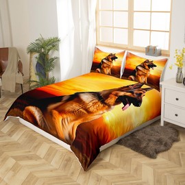 Feelyou Dog Print Duvet Cover 3D German Shepherd Puppy Print Bedding Set for Kids Boys Girls Children Pet Animal Theme Comforter Cover Ultra Soft Brown Decor Bedspread Cover King Size Zipper