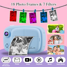 GlobalCrown Instant Camera for Kids,Camera Instant Print 3.5 Inch Screen Video Child Digital Instant Photo Cameras Gifts for Boys Girls (Included 4 Rolls of Printing Paper and 32GB Card)