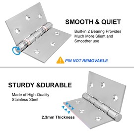 VOLUKA 6 Pack Ball Bearing Door Hinges, 3.5''X 3.5'' Stainless Steel Door Hinges, Non Removable Pin Heavy Duty Door Hinges for Exterior & Interior Doors, Smooth and Quiet. (Silver)