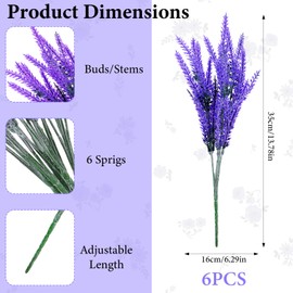 6 Bundles Artificial Lavender Stems, Fake Plastic Purple Flower Fake Lavender Plant Flocked Fakes Lilac Flowers, Decorative Floral Spray Faux Flowers Bouquet for Home Kitchen Wedding Decoration