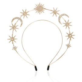 Headband Stars, Sun Moon Stars Headband Hair Accessories, Rhinestone Headpiece Stars, Goddess Wedding Party Carnival Cosplay Hair Accessory for Women Girls (Gold1)