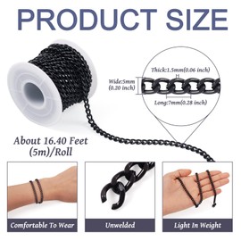 Craftdady 16.4 ft Black Aluminium Curb Chain 7x5mm Twisted Metal Chain Oval Cross Unwelded Small Chain for Crafts DIY Necklace Bracelet Jewelry Making Supplies