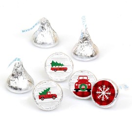 Big Dot of Happiness Merry Little Christmas Tree - Red Truck and Car Christmas Party Round Candy Sticker Favors - Labels Fit Chocolate Candy (1 Sheet of 108)