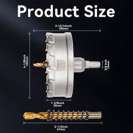 Henvo Hole Saw 3-3/4" (95mm) Heavy Duty Carbide with 2 Pilot Drill Bits - Metal Hole Cutter Cuts Stainless Steel, Iron, Copper, Brass, Plastic