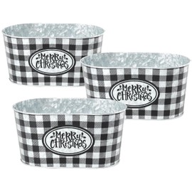 A&B Home Oval Tin Planters with Black and White Buffalo Plaid Pattern, Farmhouse Holiday Decor for Tabletop Centerpiece Display Mantel, Set of 3