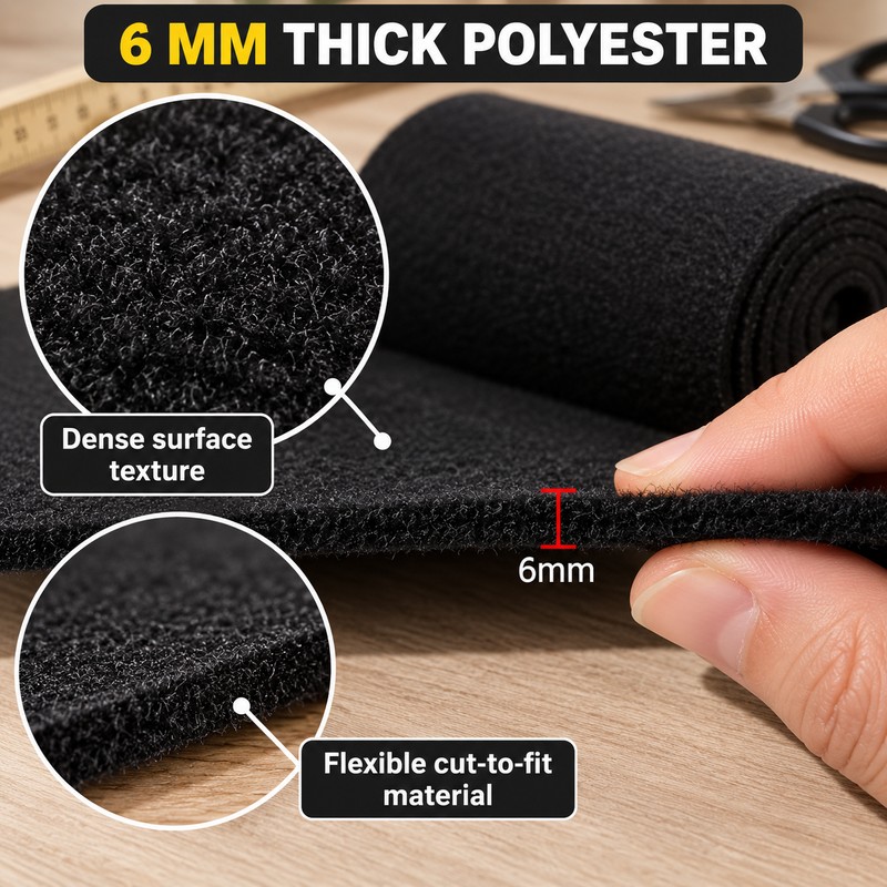6mm Thick Black Marine Carpet Roll, 16.4FT x 9IN Polyester