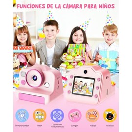 Cámara Instantánea para Niños, Video HD 1080pImpresión sin Tinta, Tarjeta SD de 32 GB; 3 Rollos de Papel; Regalo niños de 6 a 12 años Rosa