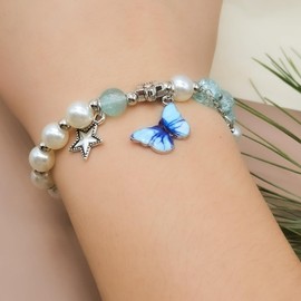 Butterfly Beaded Bracelet for Womenpopcorn Pearl Bead Butterfly Pendant Bracelet Crystal Butterfly Pearl Bracelet Butterfly Pearl Pendant Bracelet Bff Butterfly Bracelet Pearl Butterfly Jewelry Gift (BlueB)