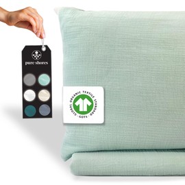 pure shores - Muslin Bed Linen 135 x 200 cm Organic | Bed Linen Set 100% Cotton with GOTS | Zip | 1 Pillow 80 x 40 cm | Ocean Green