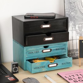 PACKGILO Wooden Storage Box Rustic Desktop Organizer with 2 Drawers Office Desk Accessories Shelf Small Craft Storage Containers Apothecary Cabinet and Chest Jewelry Holder for women(BLACK)