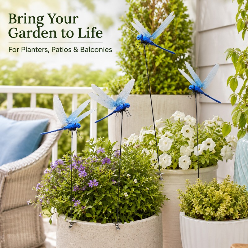 12-Pack Blue Dragonfly Garden Decorations – Realistic Clip-On Outdoor Accents