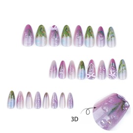 Blossom Lilac False Nails Short Medium Almond Press on Nails with 3D Pearl Bow Designs Cute Countryfield Flower Full Cover Handmade French Glossy Acrylic Fake Nails for Women Daily Wear 24 Pcs