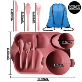 25 Pcs Wheat Straw Dinnerware Sets BPA Free Lightweight Bowl Reusable Dinner Plates Microwave Dishwasher Safe Cup Portable Spoon Knife Fork Dinnerware for Kids Aldult Home School Office Picnic Travel