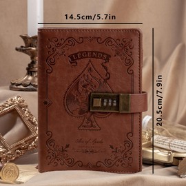 Leather Journal Notebook with Combination Lock, Mysterious Legend Locked Diary with Key for Adults Boys Girls Kids Men Women, B6 Secret Passwords Refillable Personal Notebook, 7.87 X 5.51 in (Brown)