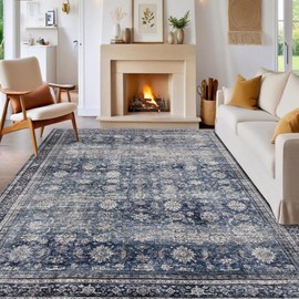 Washable Rugs 8x10 Vintage Floral Large Living Room Rug, Ultra Soft Lightweight Indoor Floor Cover, Low Pile Stain Resistant Non Slip Carpet for Bedroom, Nursery, Office, Blue